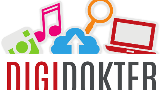 logo digidokter met rode laptop, paarse muzieknoot